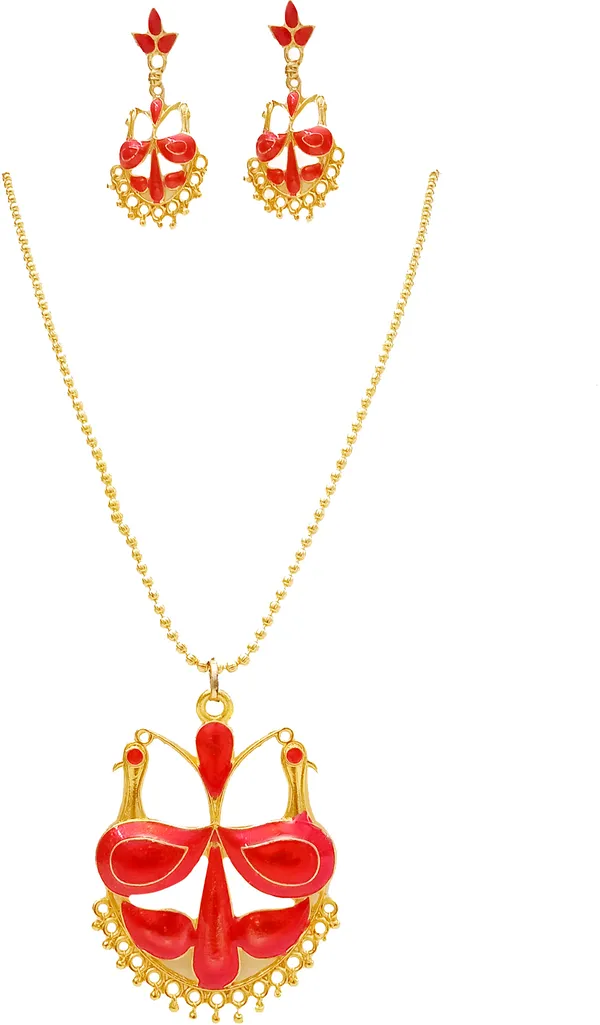 Assamese_Traditional_Gold_Plated_Red_Colour_Mayur_Design_Chain_Jewellery_Set_For_Women